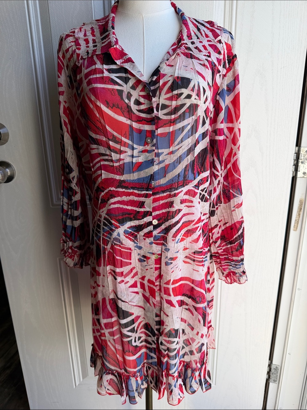 Multiples Long Sleeve Abstract Artsy Gypsy Y2K Boho Whimsy Button Dress Size S
